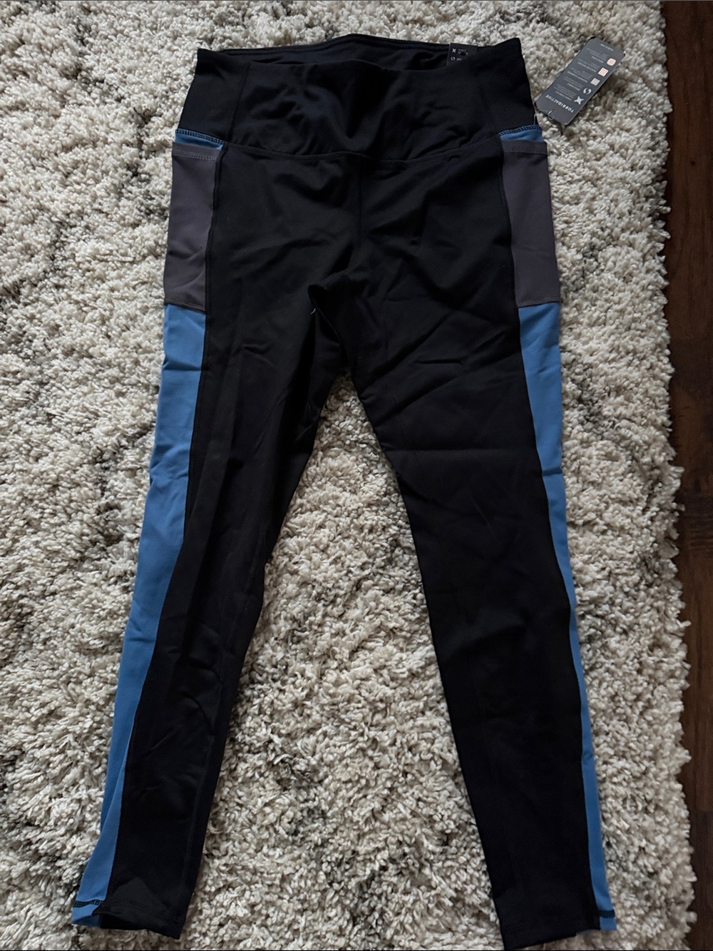 torrid Black Leggings with Blue Side Panels and Gray Accents